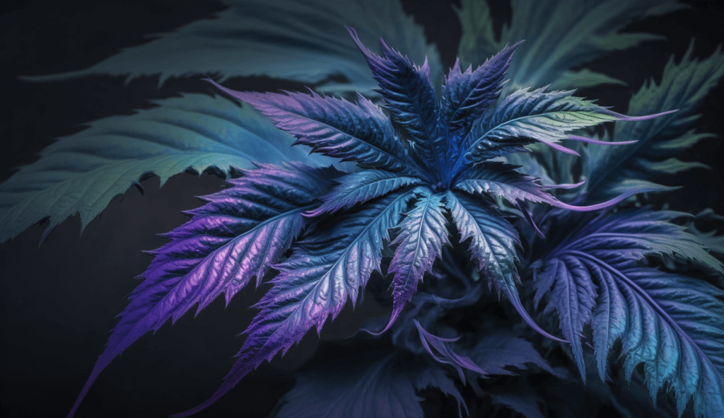 Blue violet cannabis leaves on a contrasting background