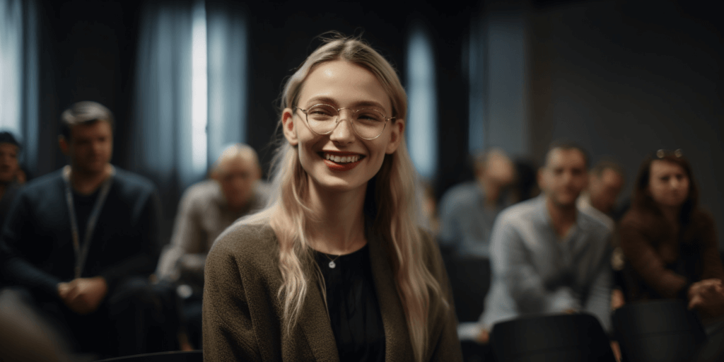 Smiling woman presenting to captivated audience, utilizing storytelling as a creative presentation technique