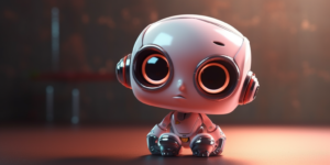 Cute white robot with an oversized head sitting down, displaying big eyes