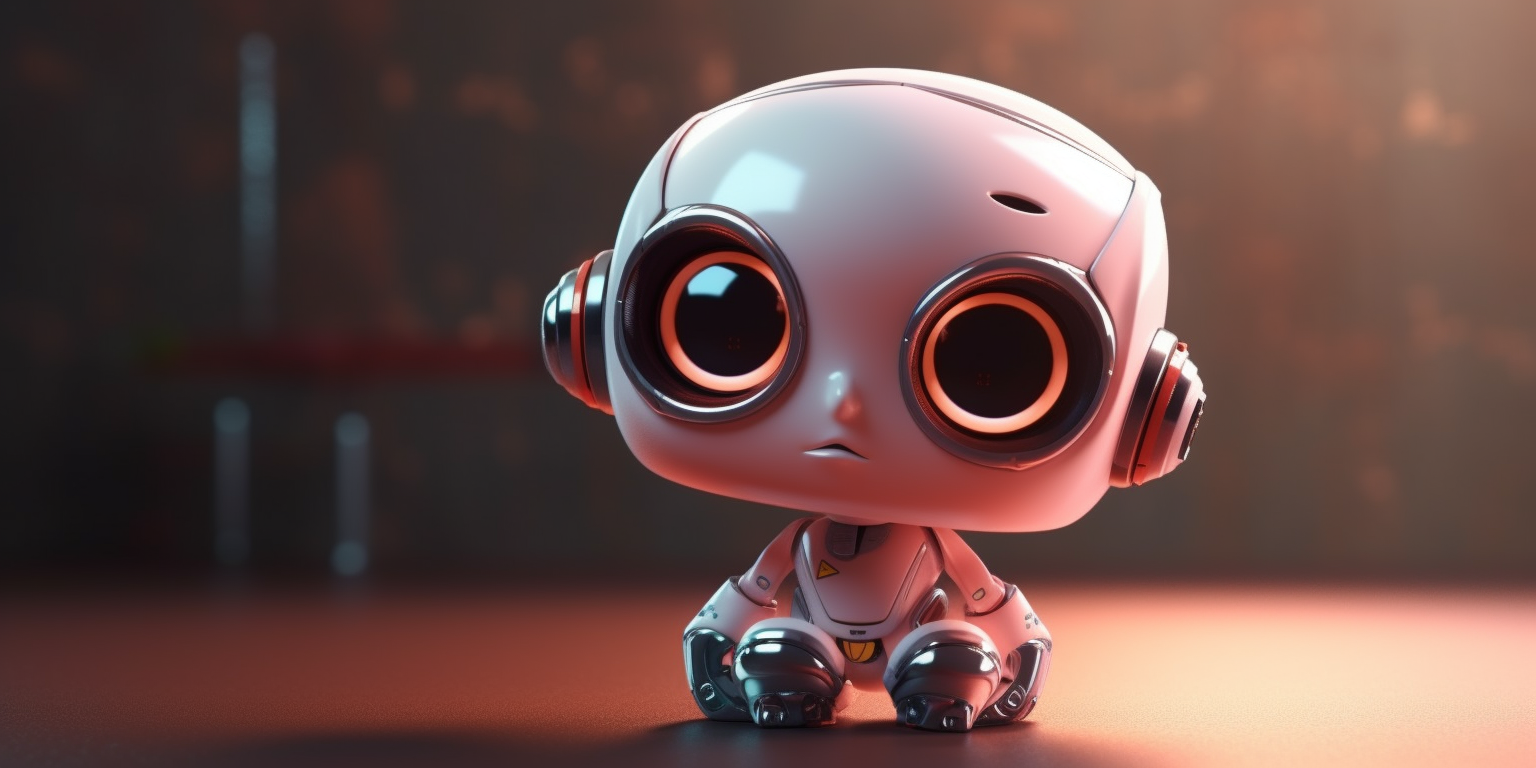 Cute white robot with an oversized head sitting down, displaying big eyes