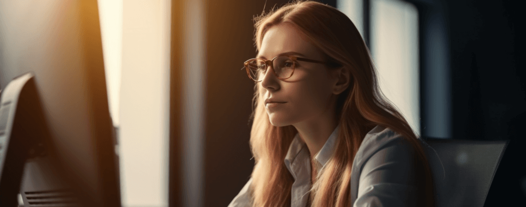 Woman in glasses working on computer by window