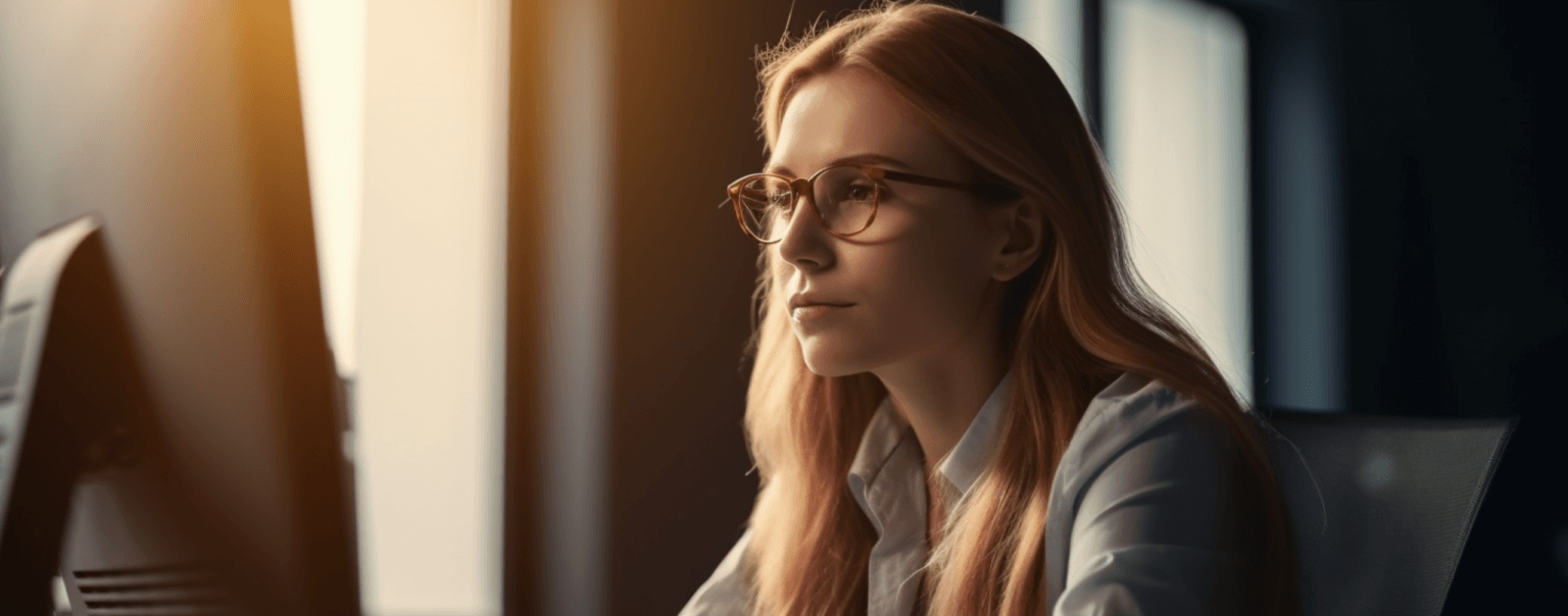 Woman in glasses working on computer by window