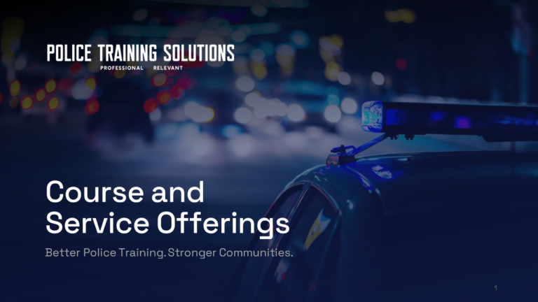 A police car with flashing blue lights in the foreground with blurred city lights in the background, overlayed with text about police training courses and services.